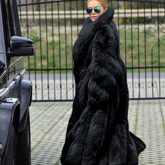 Black elegant luxe Women's plush  Faux Fur long Jacket Coat - Picture 5 of 7